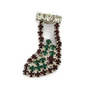Holiday Stocking Silver Tone White Red Green Womens Breast Pin Brooch Small